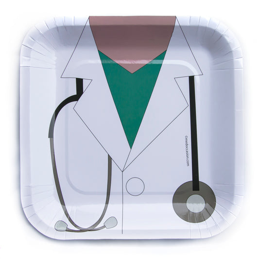 Stethoscope and white coat paper party plates, set of 10